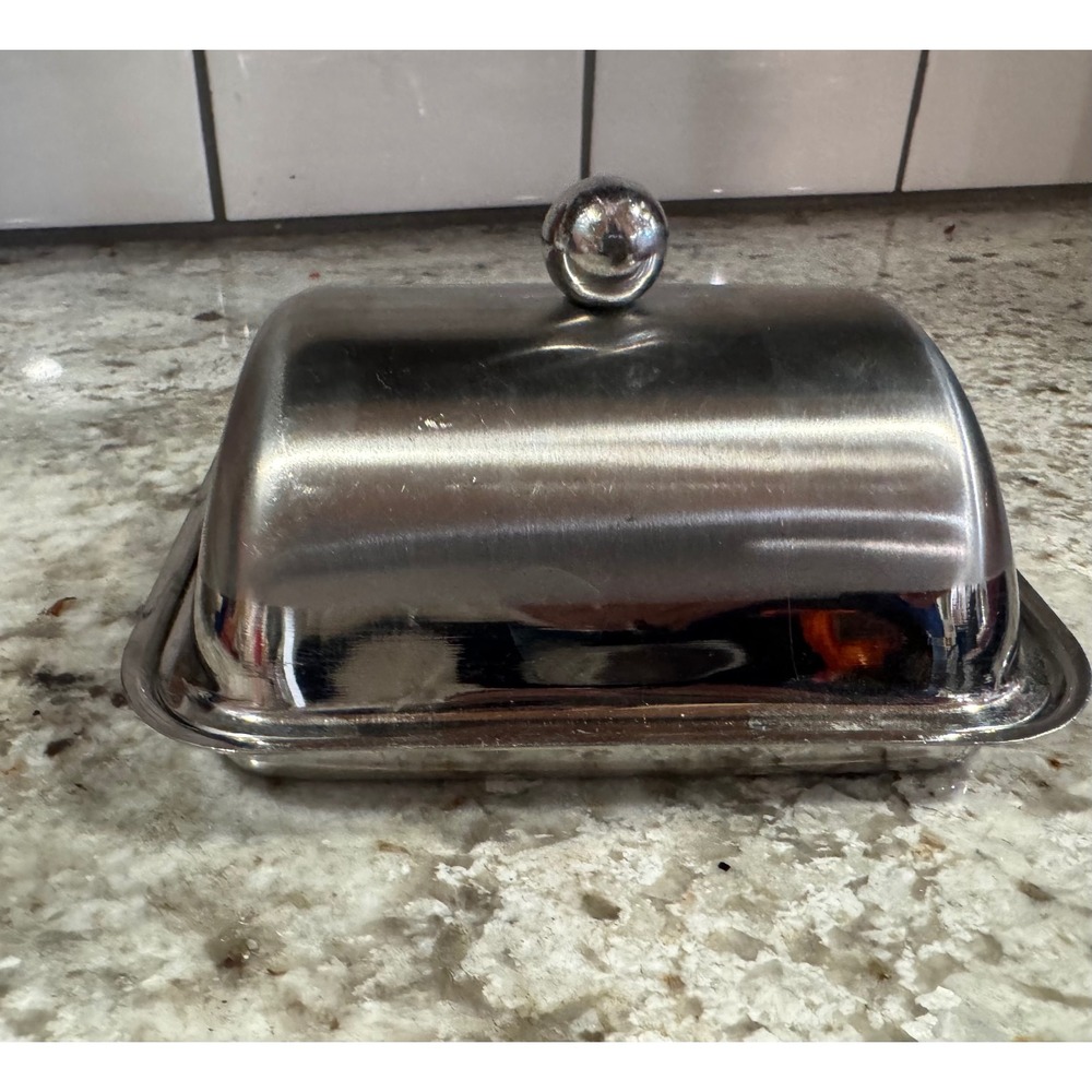 Stainless Steel Butter Dish with Domed Lid Silver Rectangular Serving Tray